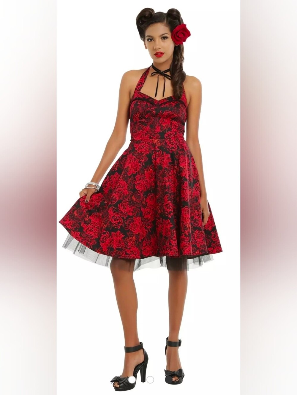 Hot Topic Red Floral Halter Fit & Flare Dress